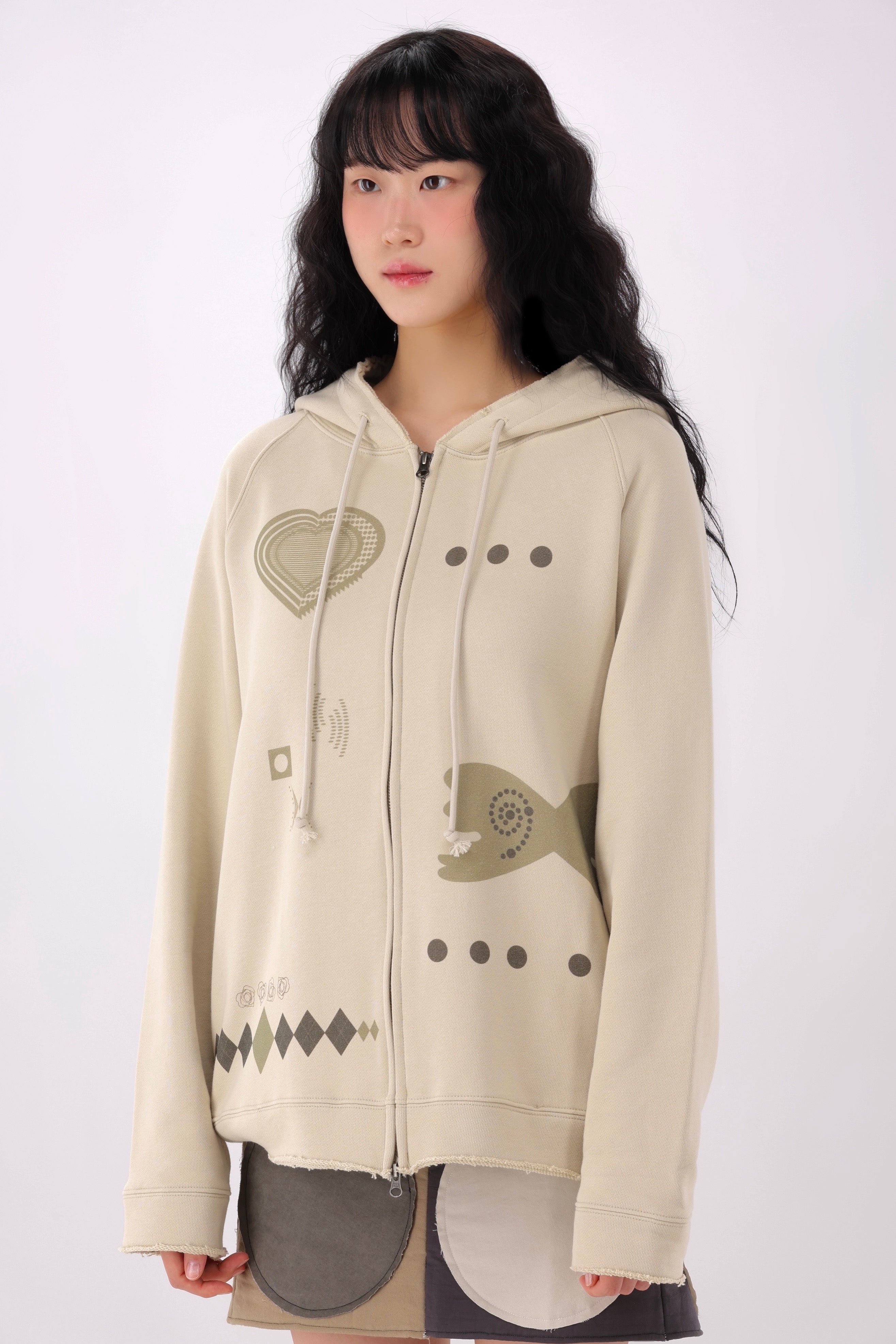 Wool Frayed Hoodie Zip-up (Ivory)