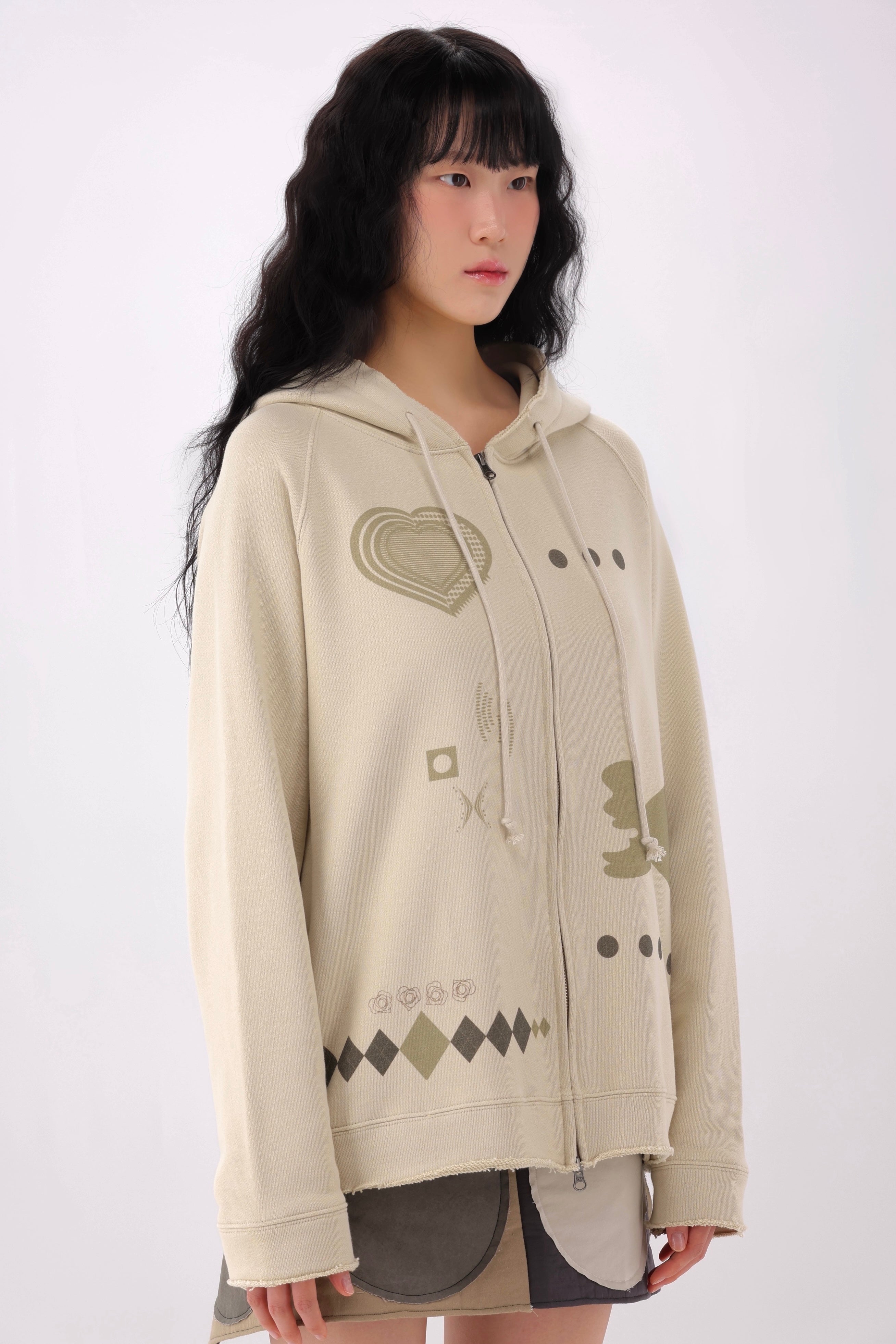 Wool Frayed Hoodie Zip-up (Ivory)