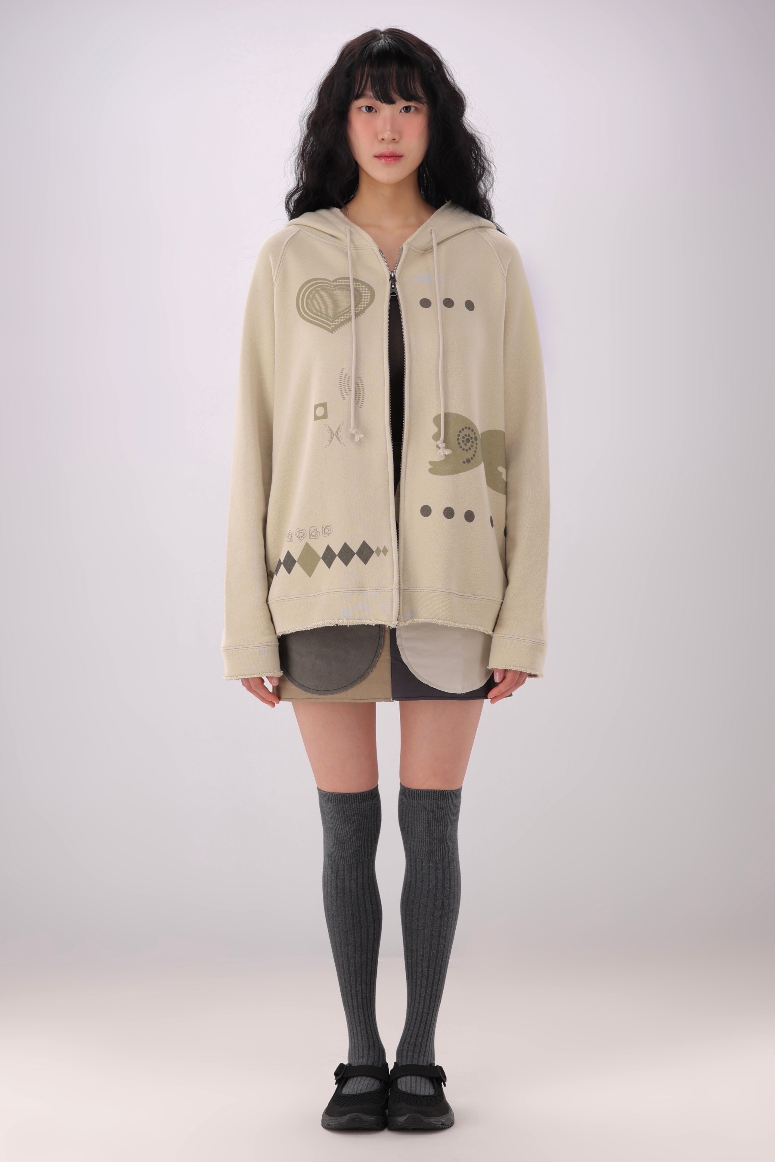 Wool Frayed Hoodie Zip-up (Ivory)