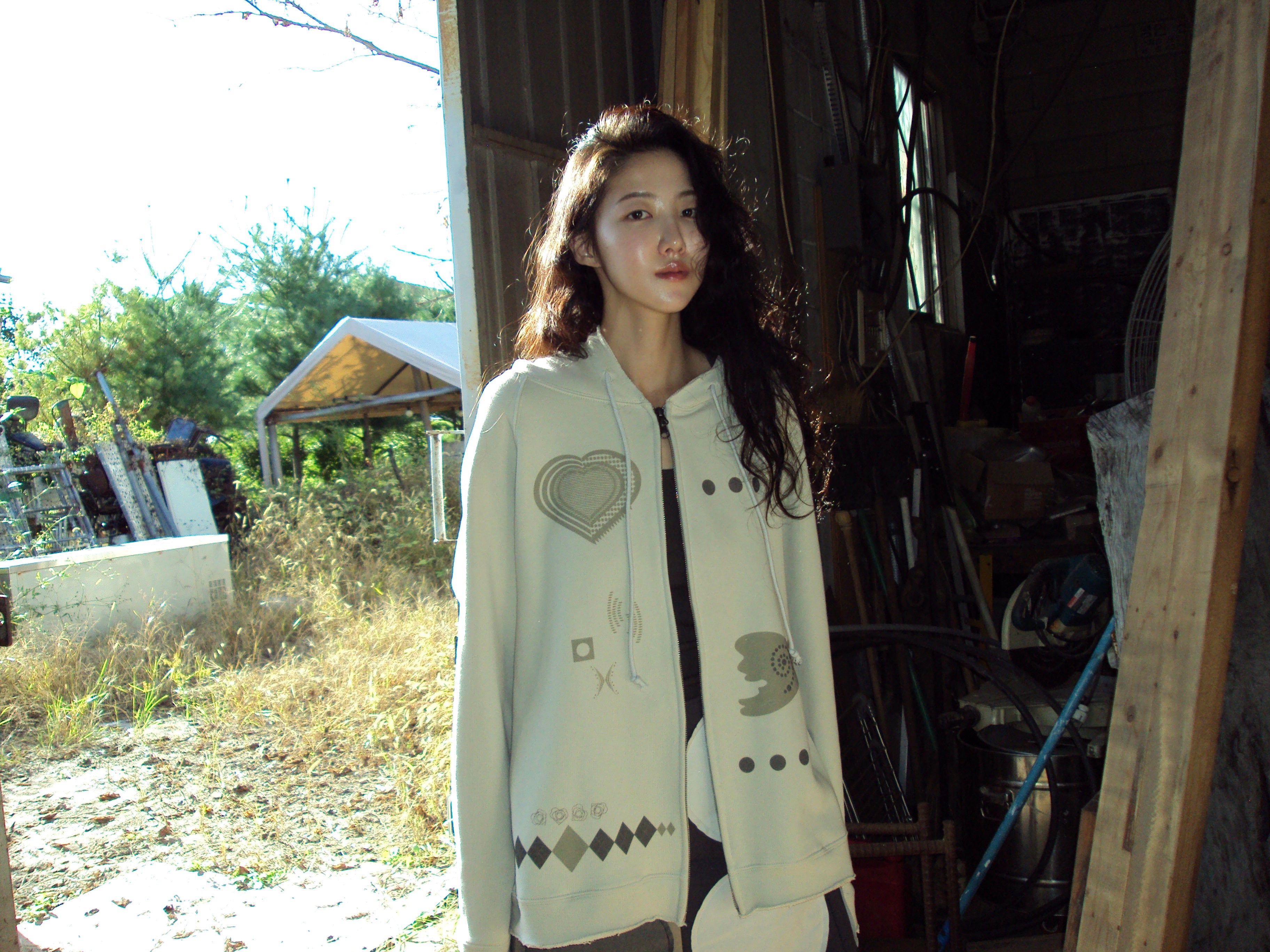 Wool Frayed Hoodie Zip-up (Ivory)