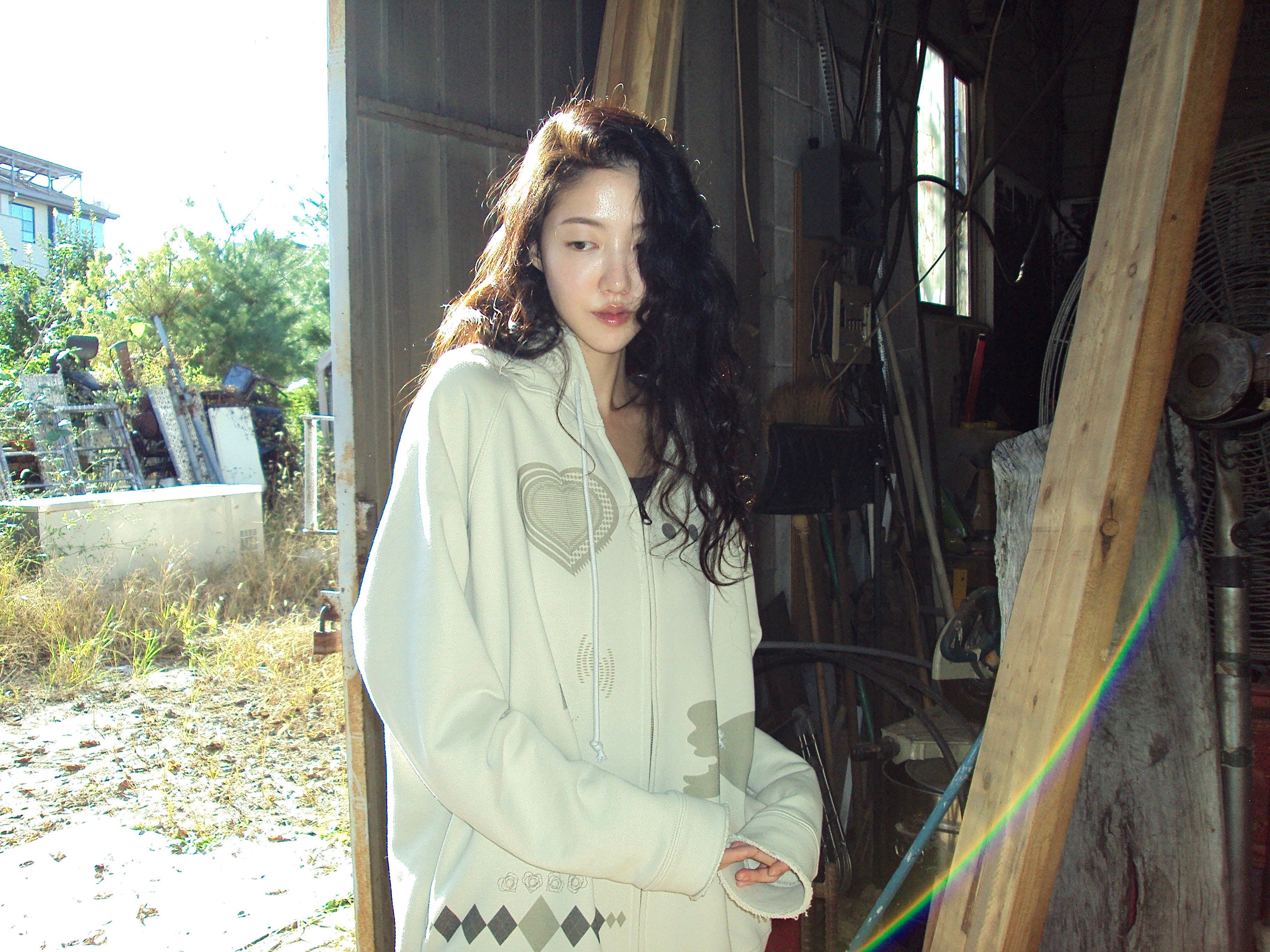 Wool Frayed Hoodie Zip-up (Ivory)