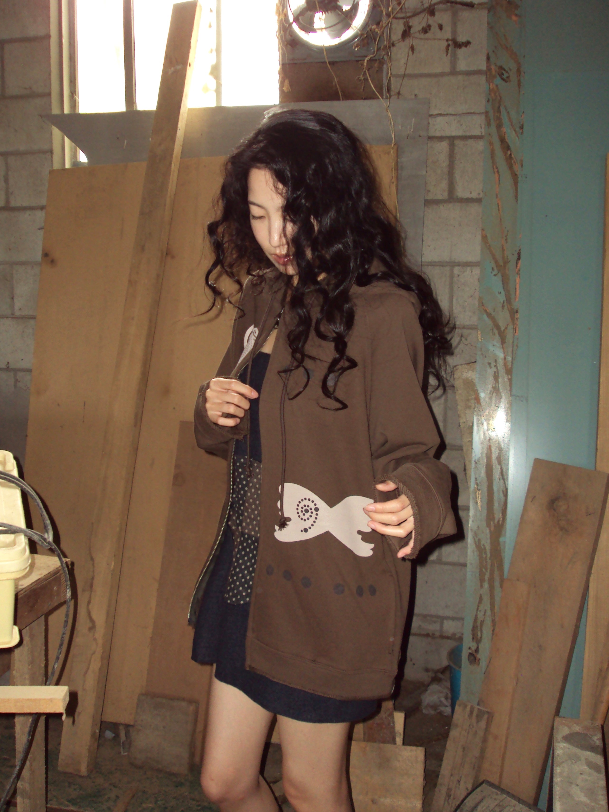 Wool Frayed Hoodie Zip-up (Brown)