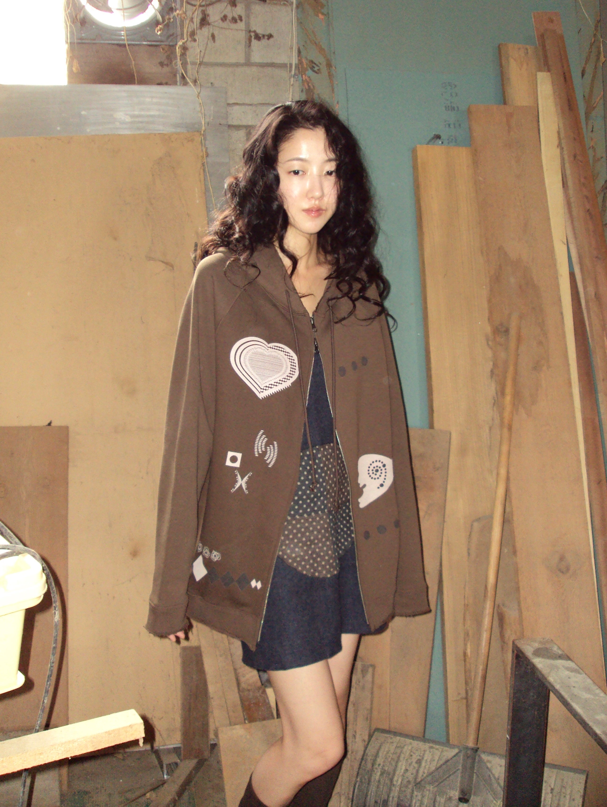 Wool Frayed Hoodie Zip-up (Brown)